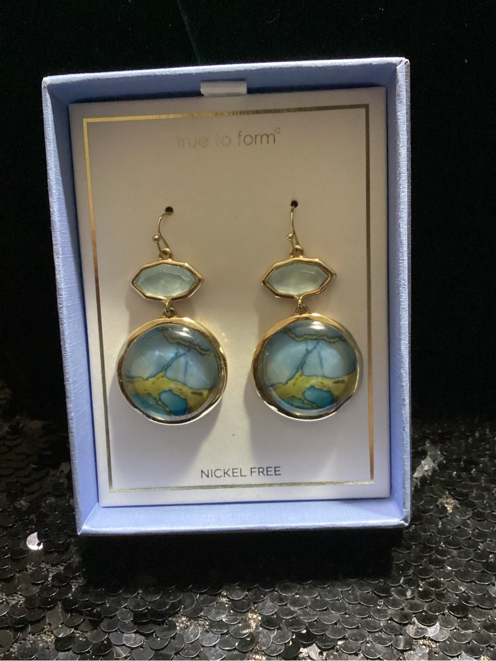 Blue Marbled Drop Earrings with Gold-Tone Accents